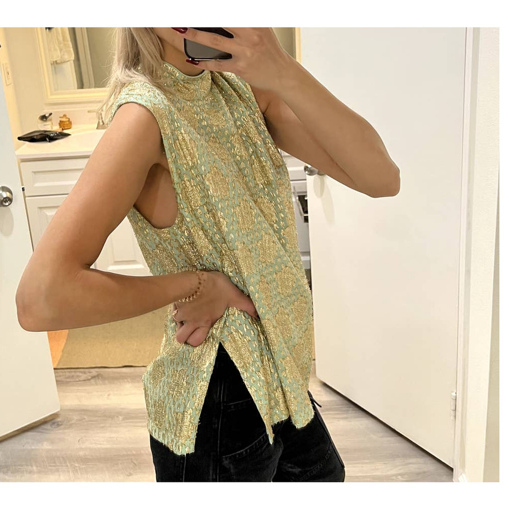 GANNI Jacquard Top Seafoam Green/Gold Size L